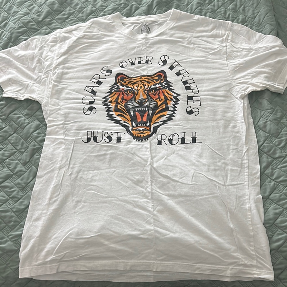 Orange and White Short Sleeve Tee with Tiger Graphic
